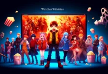 صورة تعرض مجموعة من الشخصيات الشهيرة من مسلسلات الأنمي المختلفة أمام شاشة عرض كبيرة.