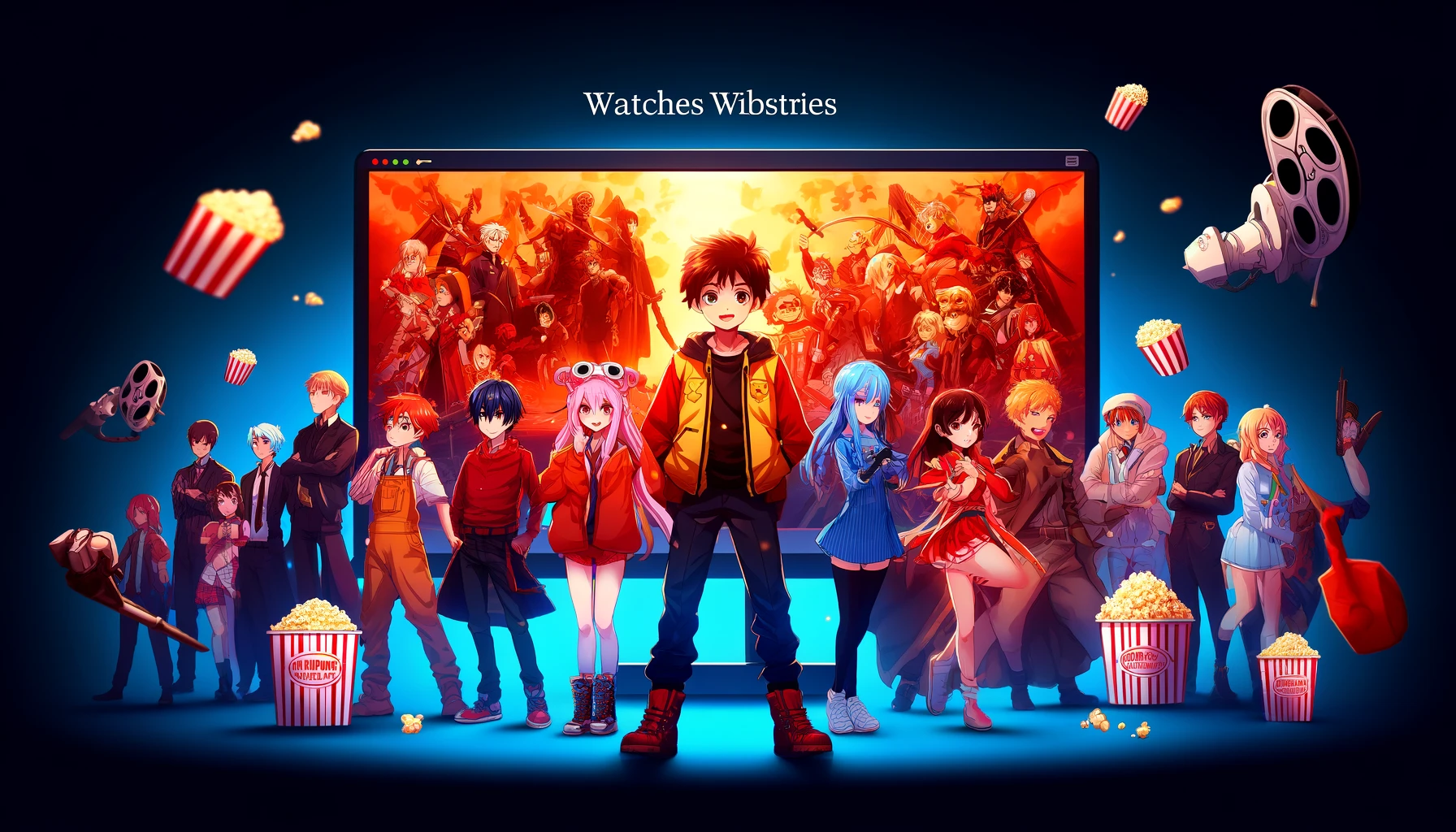 صورة تعرض مجموعة من الشخصيات الشهيرة من مسلسلات الأنمي المختلفة أمام شاشة عرض كبيرة.