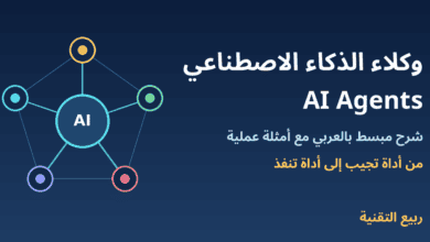 مخطط شبكة وكيل ذكاء اصطناعي وعنوان وكلاء الذكاء الاصطناعي AI Agents - ربيع التقنية