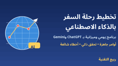 كرة أرضية عليها مسار رحلة ودبابيس خرائط مع عنوان تخطيط رحلة السفر بالذكاء الاصطناعي - ربيع التقنية