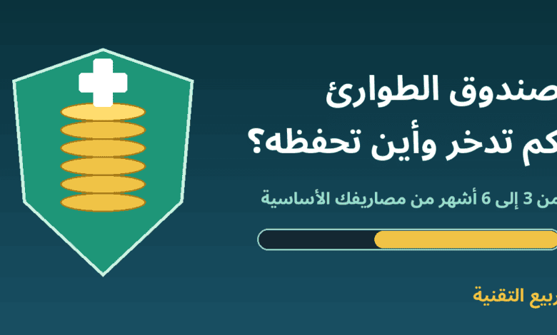 درع أخضر بداخله عملات ذهبية وشريط تقدم مع عنوان صندوق الطوارئ كم تدخر وأين تحفظه - ربيع التقنية