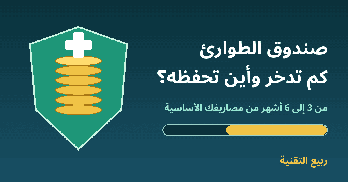 درع أخضر بداخله عملات ذهبية وشريط تقدم مع عنوان صندوق الطوارئ كم تدخر وأين تحفظه - ربيع التقنية