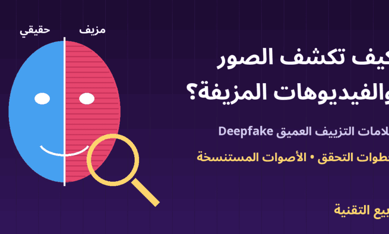 وجه نصفه حقيقي ونصفه مزيف مع عدسة مكبرة توضح كشف التزييف العميق - ربيع التقنية