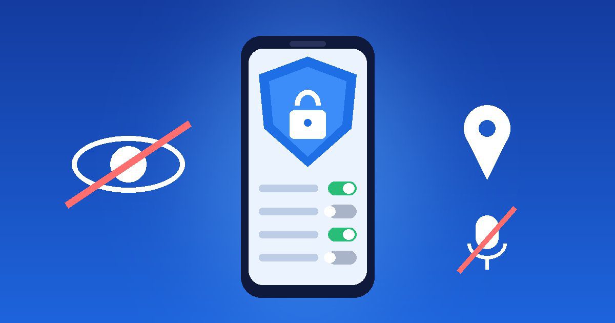 هاتف ذكي يحميه درع وقفل مع مفاتيح أذونات التطبيقات ورمز عين مشطوبة لحماية الخصوصية