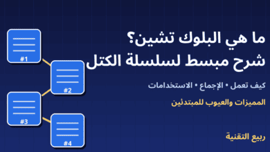 كتل مترابطة توضح تقنية البلوك تشين مع عنوان ما هي البلوك تشين - ربيع التقنية
