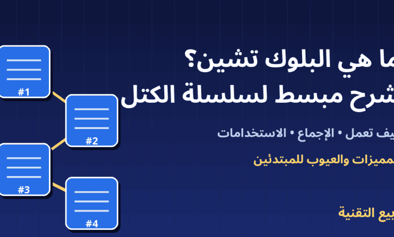 كتل مترابطة توضح تقنية البلوك تشين مع عنوان ما هي البلوك تشين - ربيع التقنية