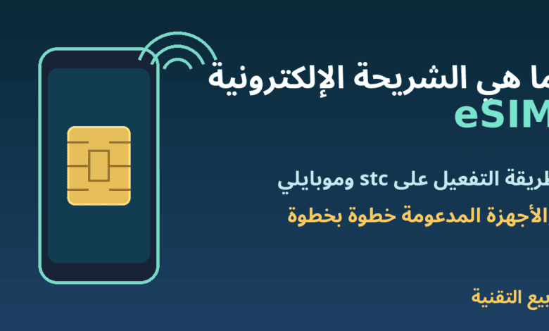 هاتف بشريحة مدمجة وعنوان ما هي الشريحة الإلكترونية eSIM - ربيع التقنية